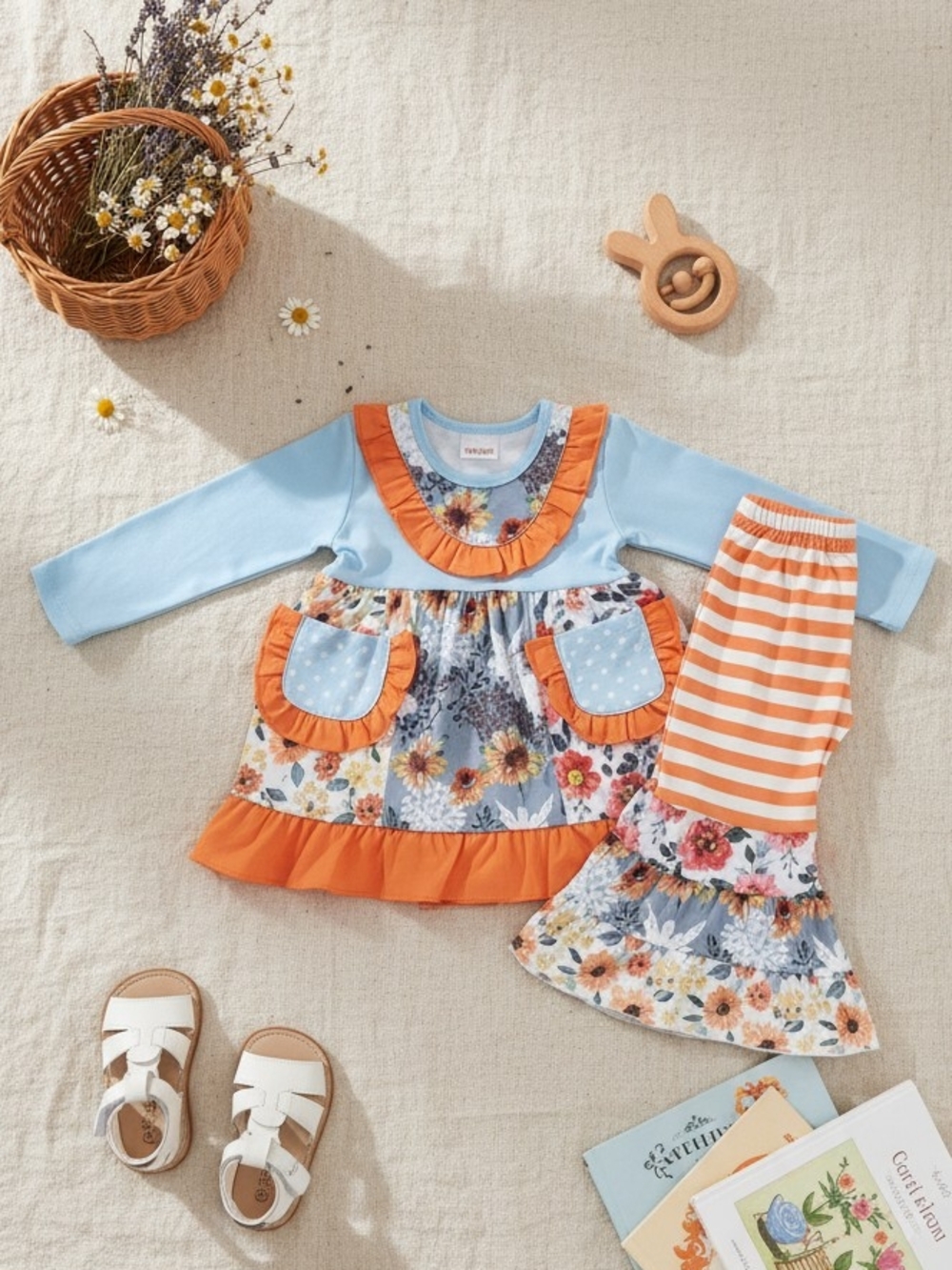 Girls Floral Orange & Light Blue Ruffle Dress Set